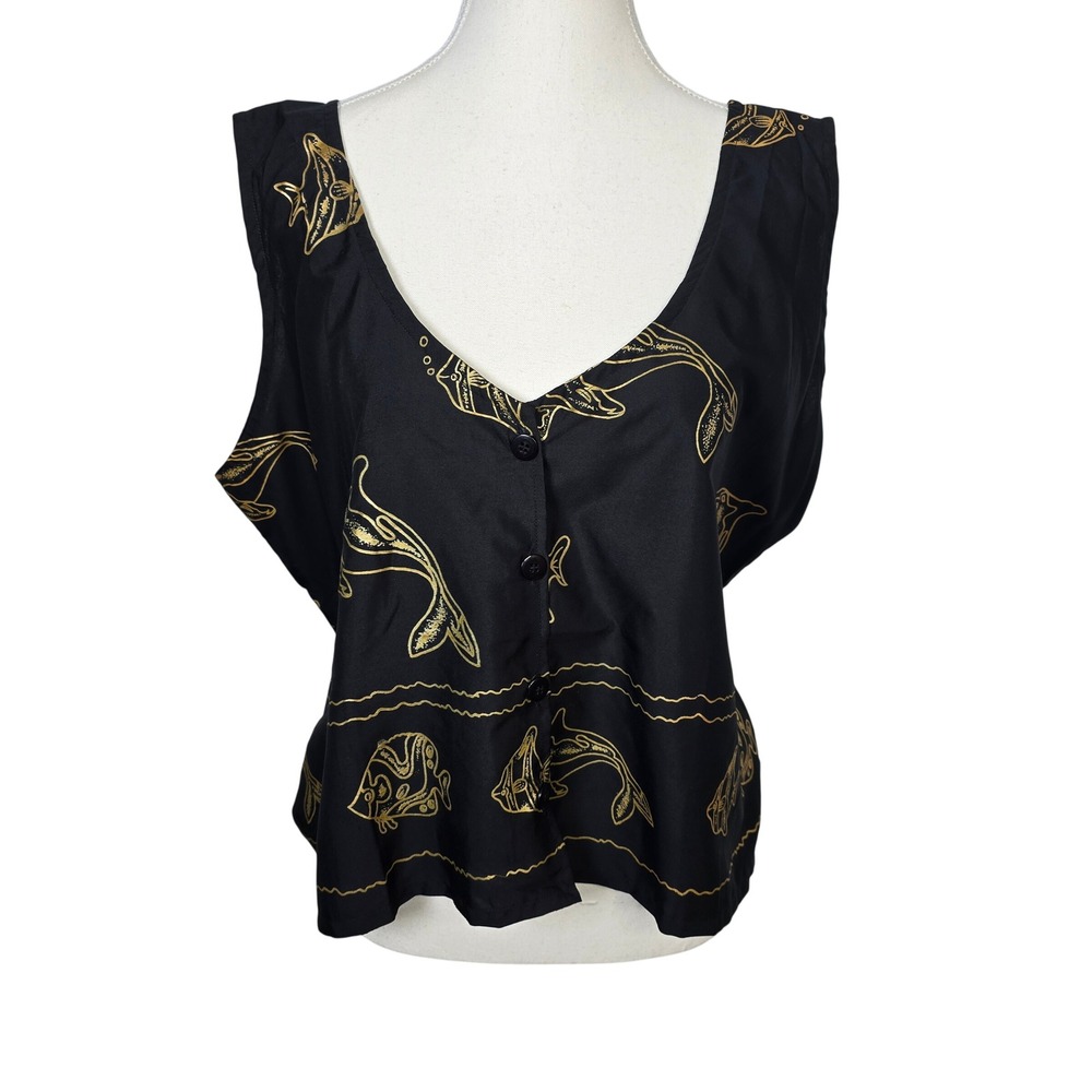 Rima Womens Black Gold Orca Whale Fish Print Sleeveless Tank Top Tie Back Sz XXL